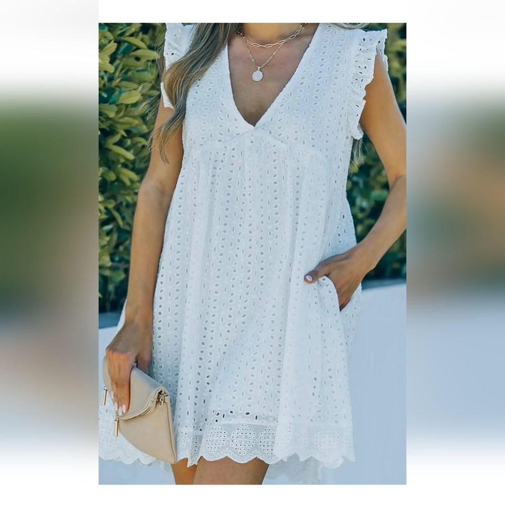 NWT, White Eyelet Babydoll Mini Dress, V-neck, Lined, Cotton, Gameday, Sorority